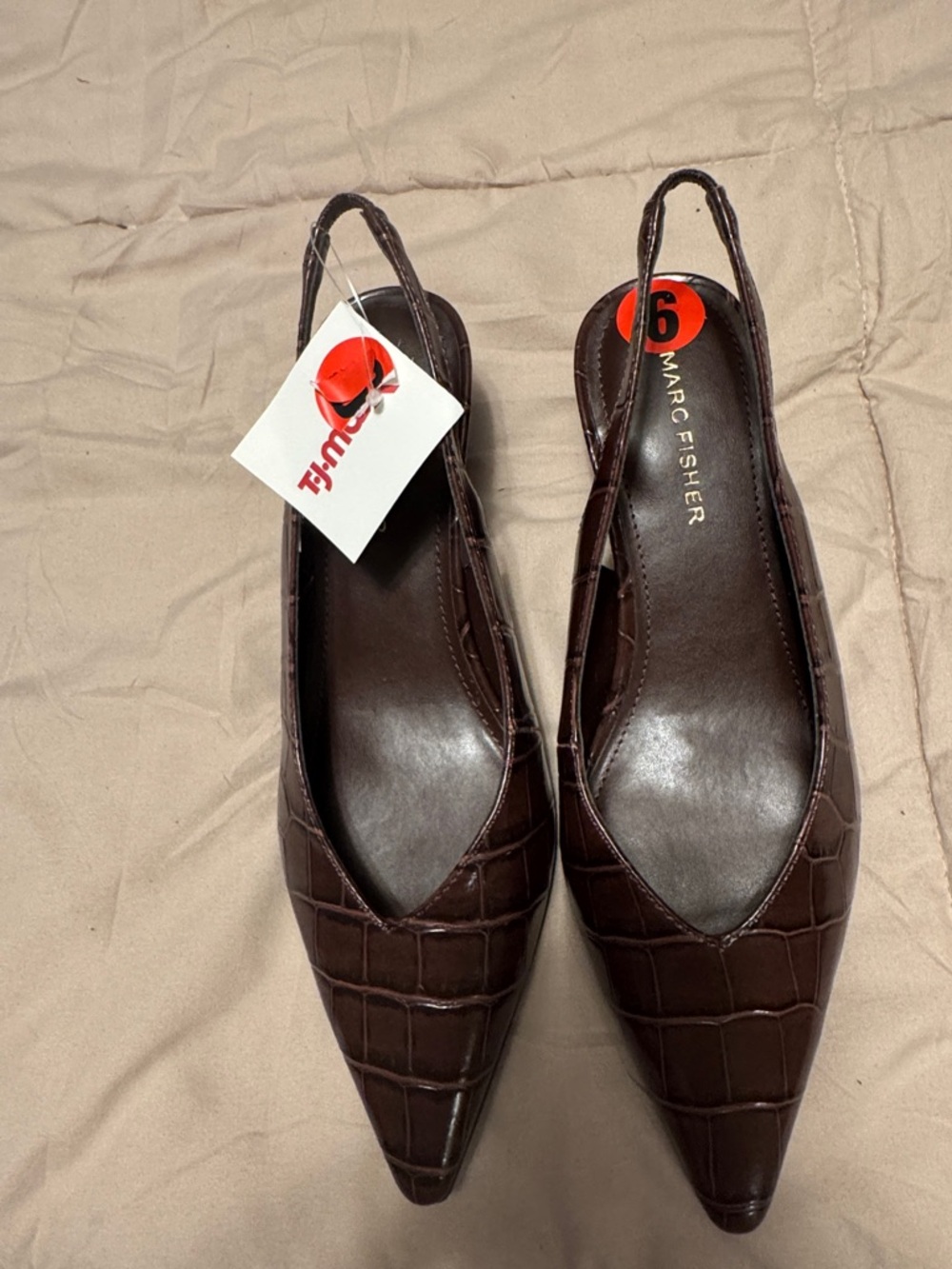 Marc Fisher Brown Croc-Embossed Pointed Slingback Mules - Picture 2 of 4